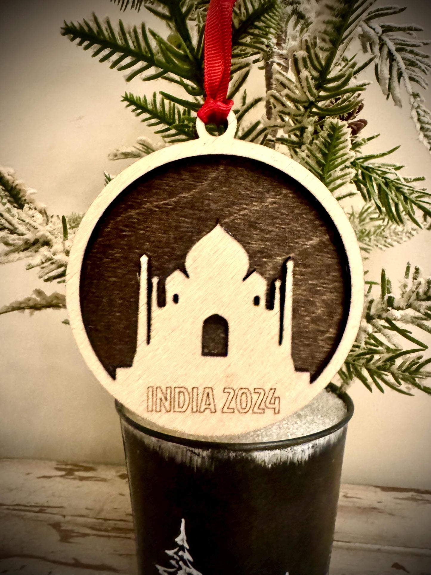 Taj Mahal India Personalized 2-Layer Wood Christmas Ornament & Gift Tag | Multiple Finishes | Travel Gift