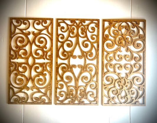 Boho Modern Victorian Ornamental Wood Wall Art 3-Panel Set - front view