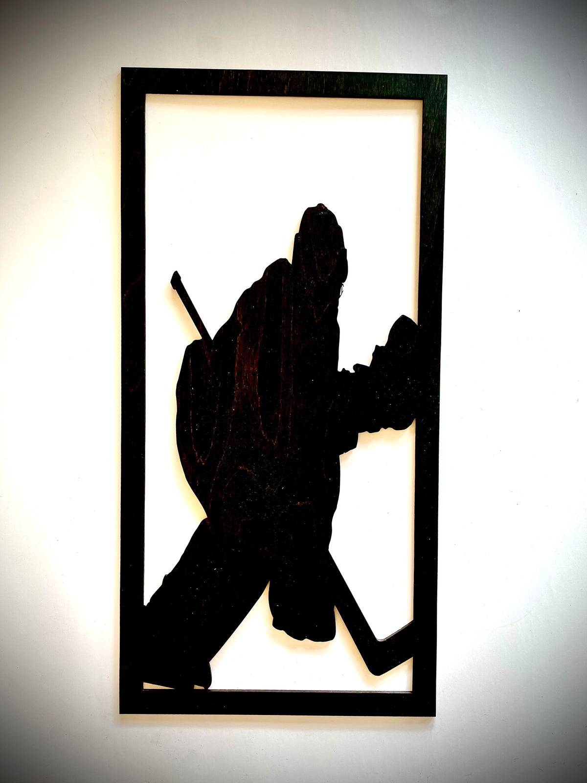 Hockey Goalie wood wall art 3-panel set, single panel close-up in Black finish