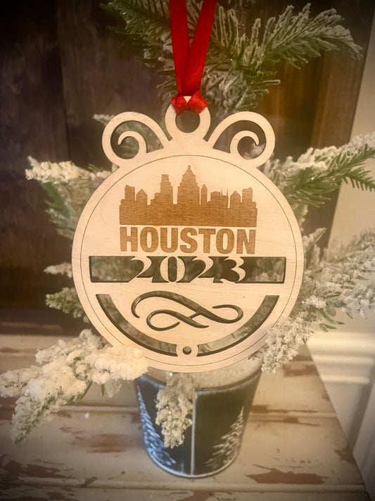 Houston Skyline Wood Ornament | Choice of Year | 4" x 4.75" | Travel Souvenir Gift