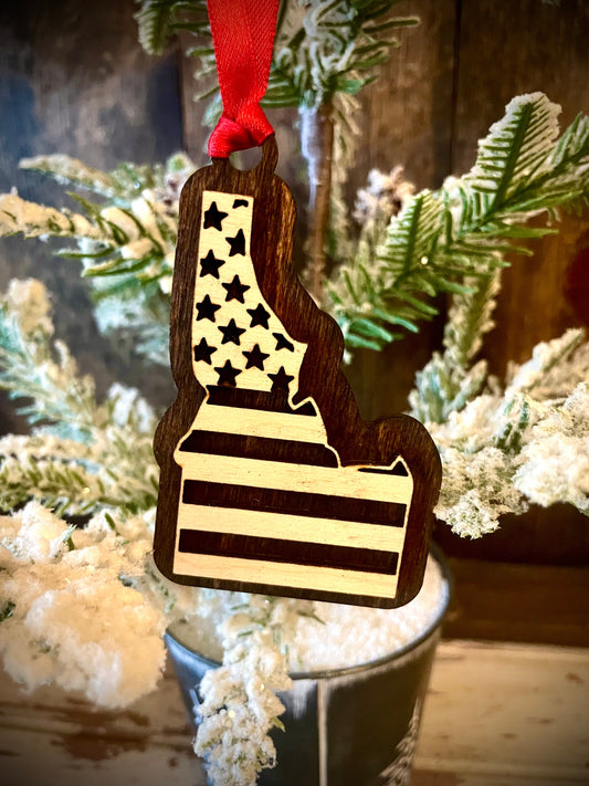 Idaho US Flag Wood Ornament & Gift Tag | 12 Finishes | Patriotic Gift