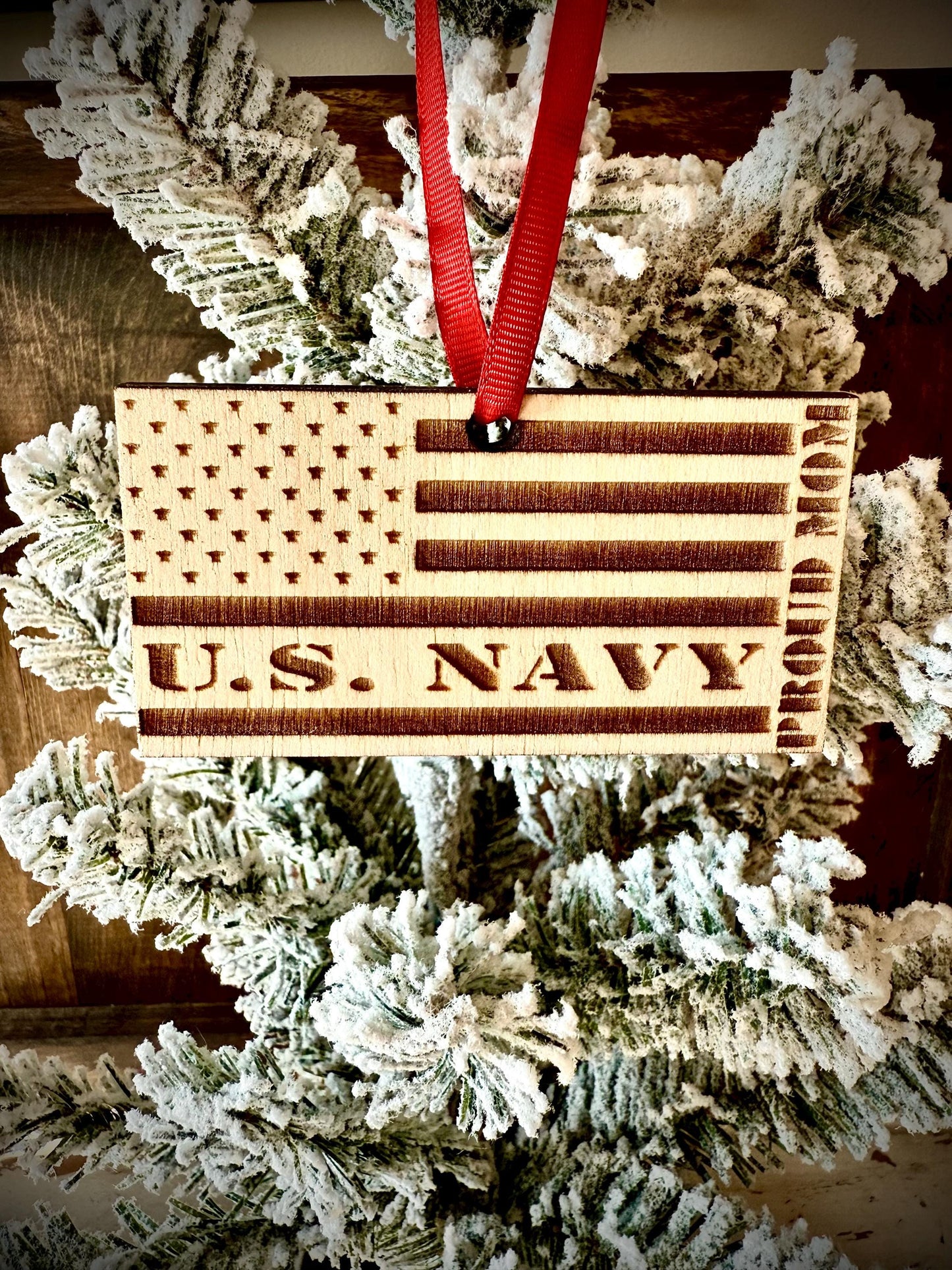US Navy Proud Mom Engraved US Flag Wood Ornament | Patriotic Gift | Military Gift