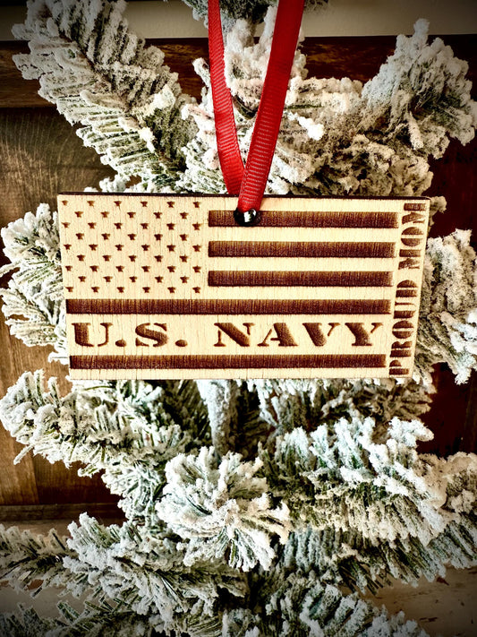 US Navy Proud Mom Engraved US Flag Wood Ornament | Patriotic Gift | Military Gift