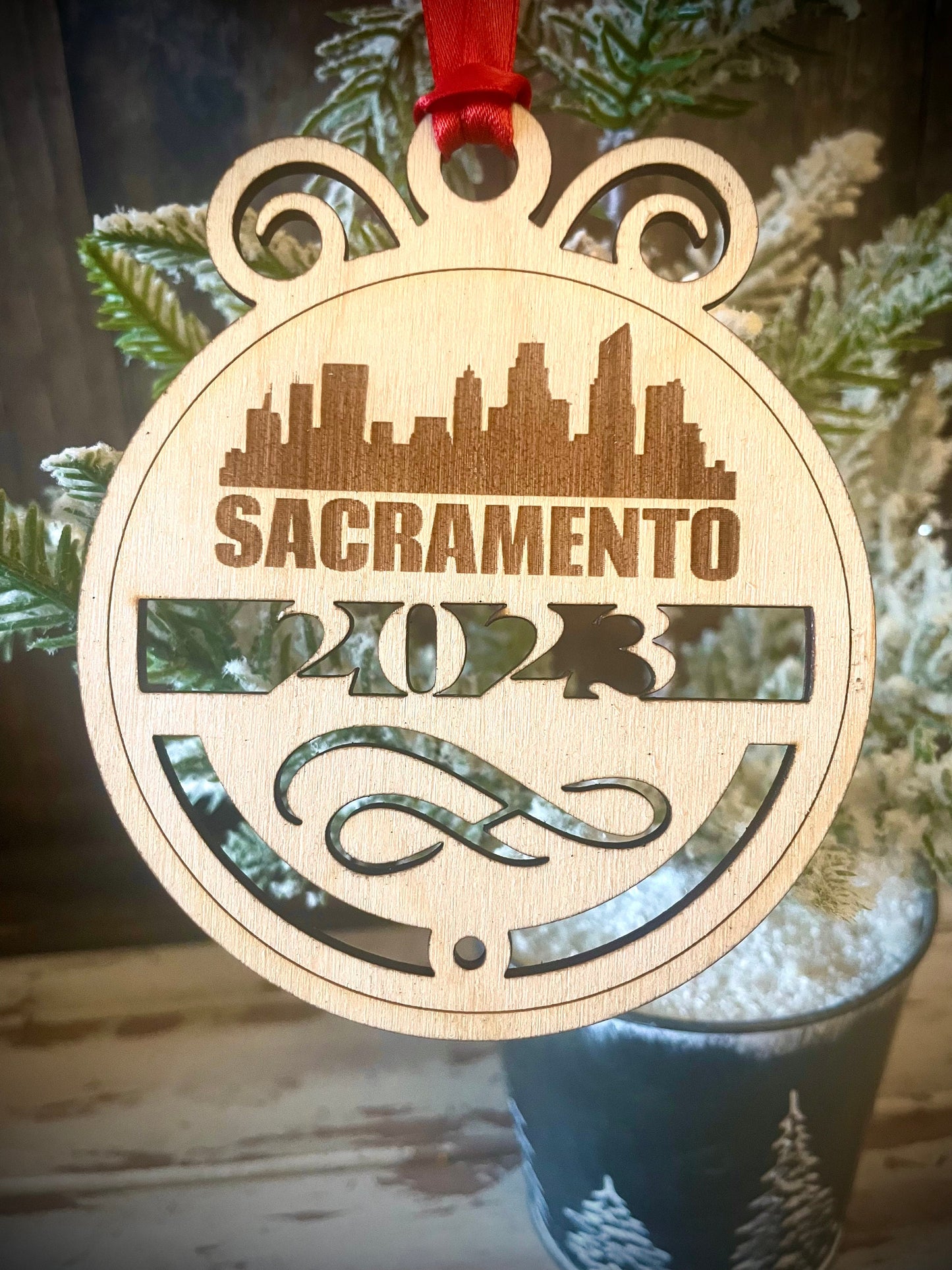 Sacramento Skyline Wood Ornament | Choice of Year | 4" x 4.75" | Travel Souvenir Gift