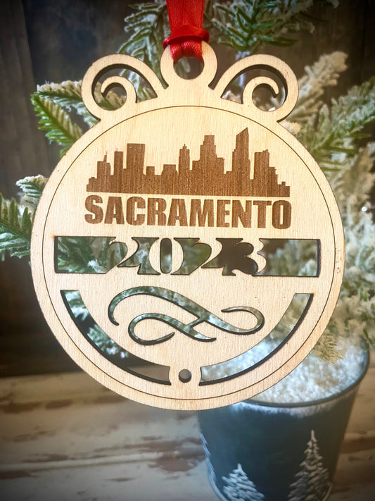Sacramento Skyline Wood Ornament | Choice of Year | 4" x 4.75" | Travel Souvenir Gift