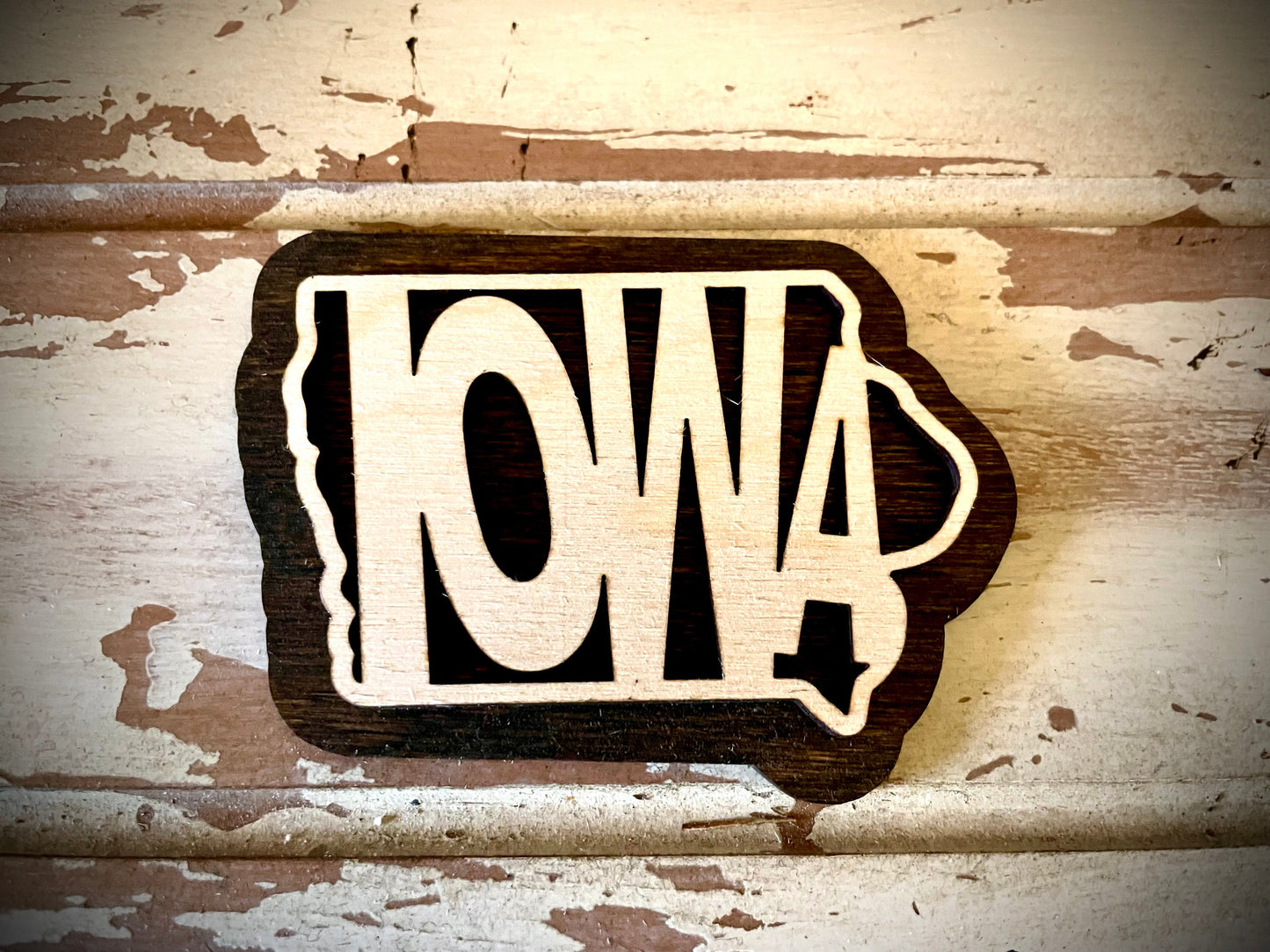 Iowa Word Art 2-Layer Wood Refrigerator Magnet | 12 Finishes | State Pride Gift