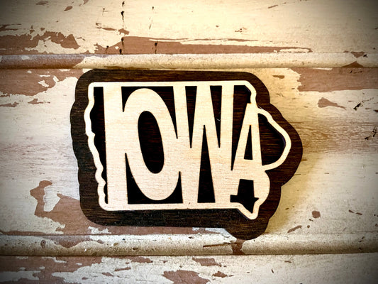 Iowa Word Art 2-Layer Wood Refrigerator Magnet | 12 Finishes | State Pride Gift