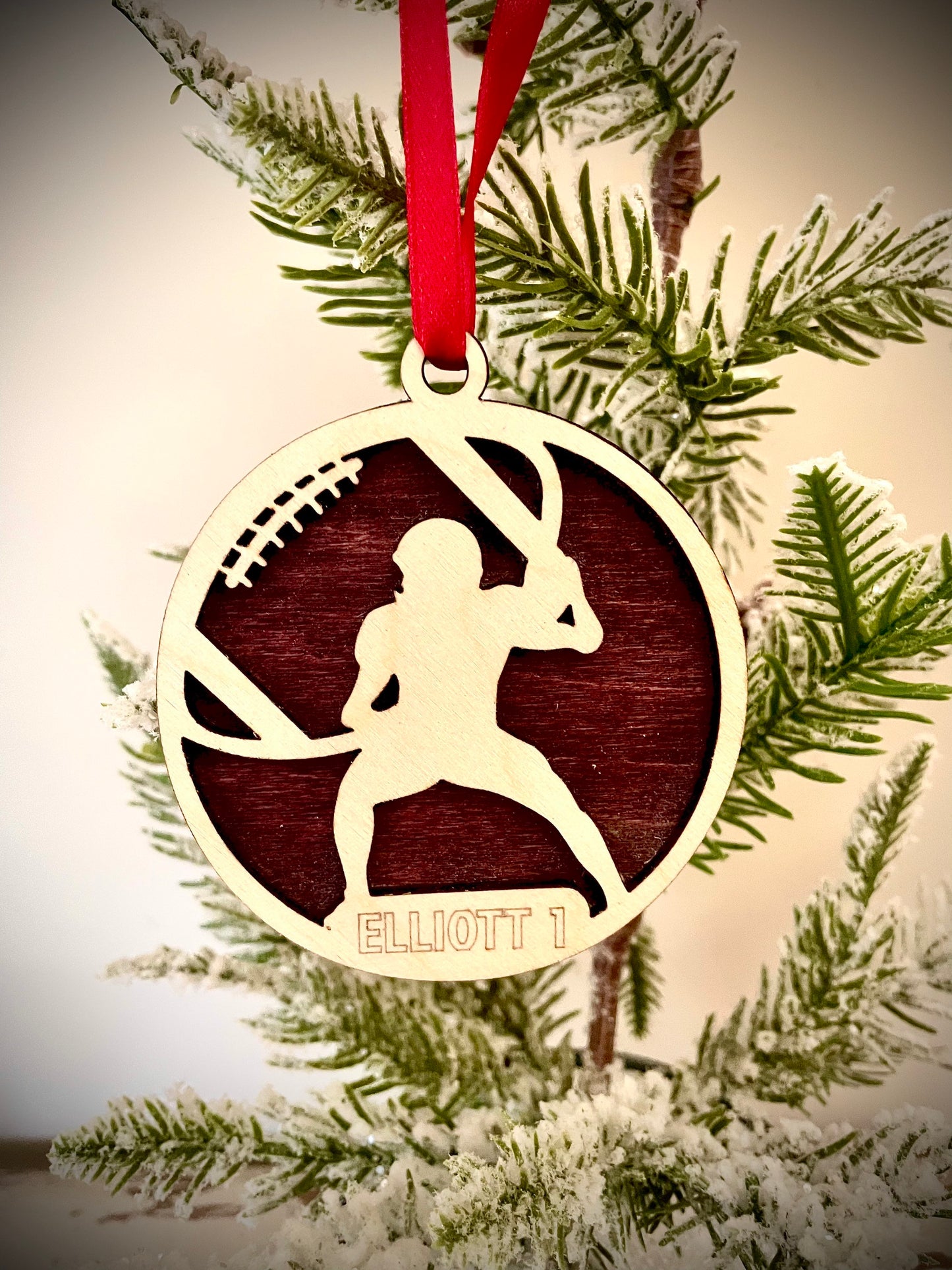 Football player 2-layer personalized laser cut wood Christmas ornament, gift tag available unfinished or stained (version 13 of 16)