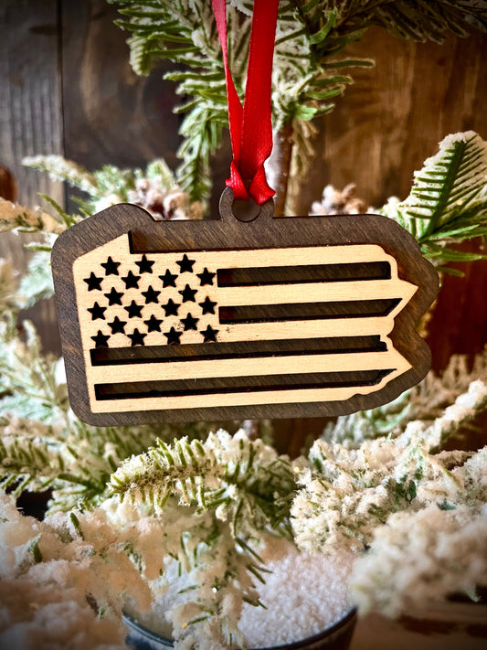 Pennsylvania US Flag Wood Ornament & Gift Tag | 12 Finishes | Patriotic Gift