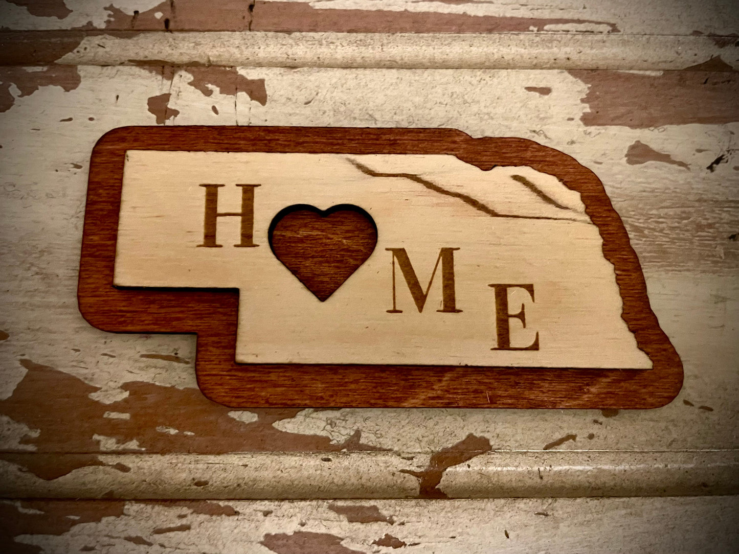 Nebraska HOME 2-Layer Wood Refrigerator Magnet | 12 Finishes | State Pride Gift