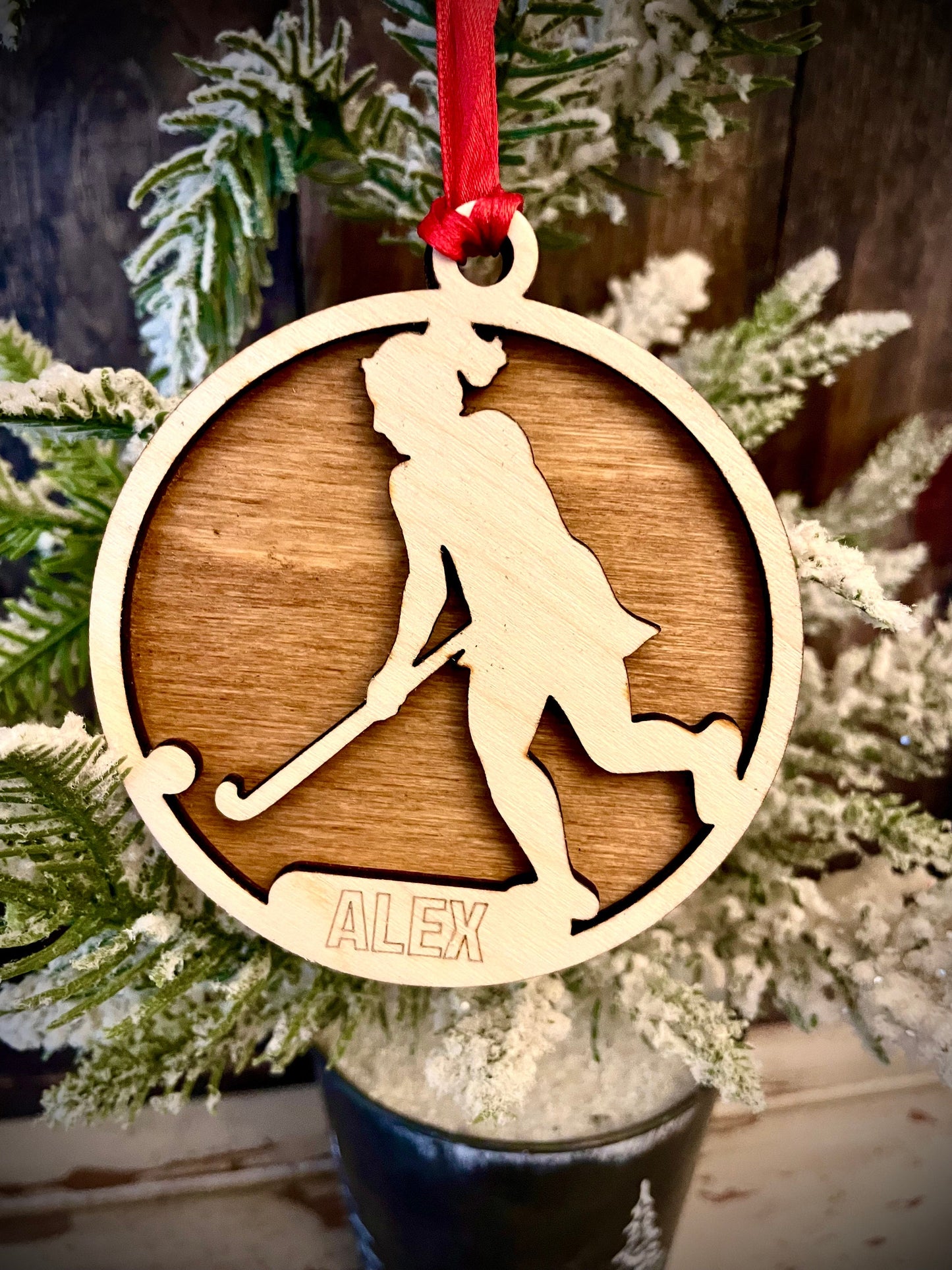 Female Field Hockey Player Personalized 2-Layer Wood Christmas Ornament & Gift Tag | Multiple Finishes | Field Hockey Gift (#3)