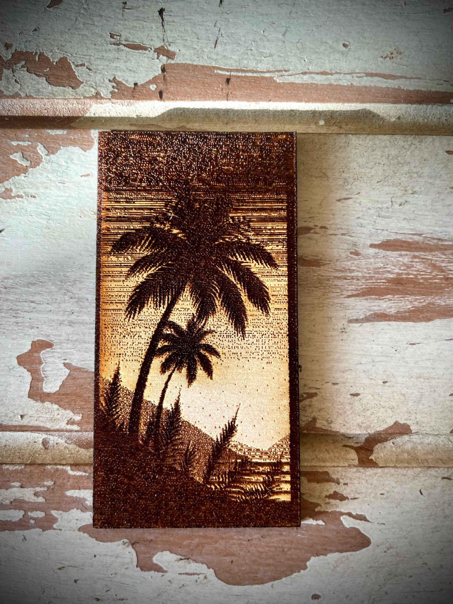 Palm Tree with Water & Mountains Engraved Wood Triptych Magnet Set | 3-Panel Set | Coastal Decor Gift
