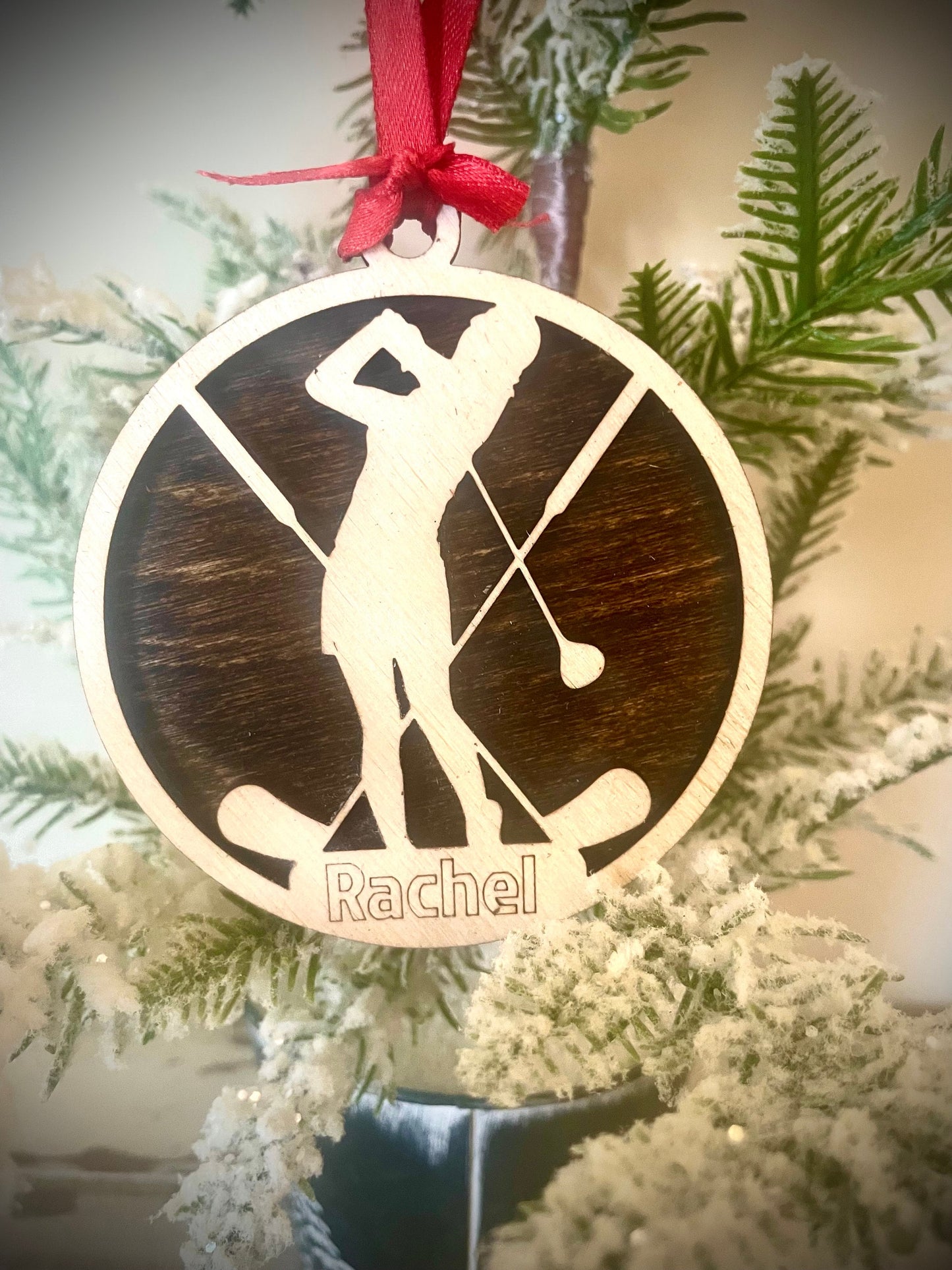Female Golfer Personalized 2-Layer Wood Christmas Ornament & Gift Tag | Multiple Finishes | Golf Gift (#10)