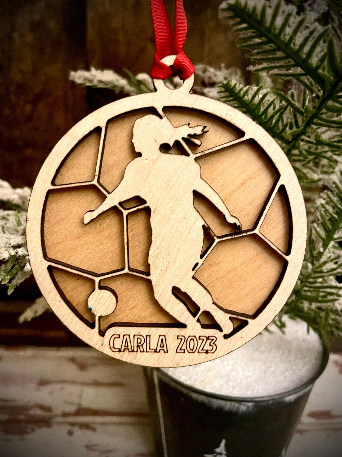 Female Soccer Player Personalized 2-Layer Wood Christmas Ornament & Gift Tag | Multiple Finishes | Soccer Gift (#3)