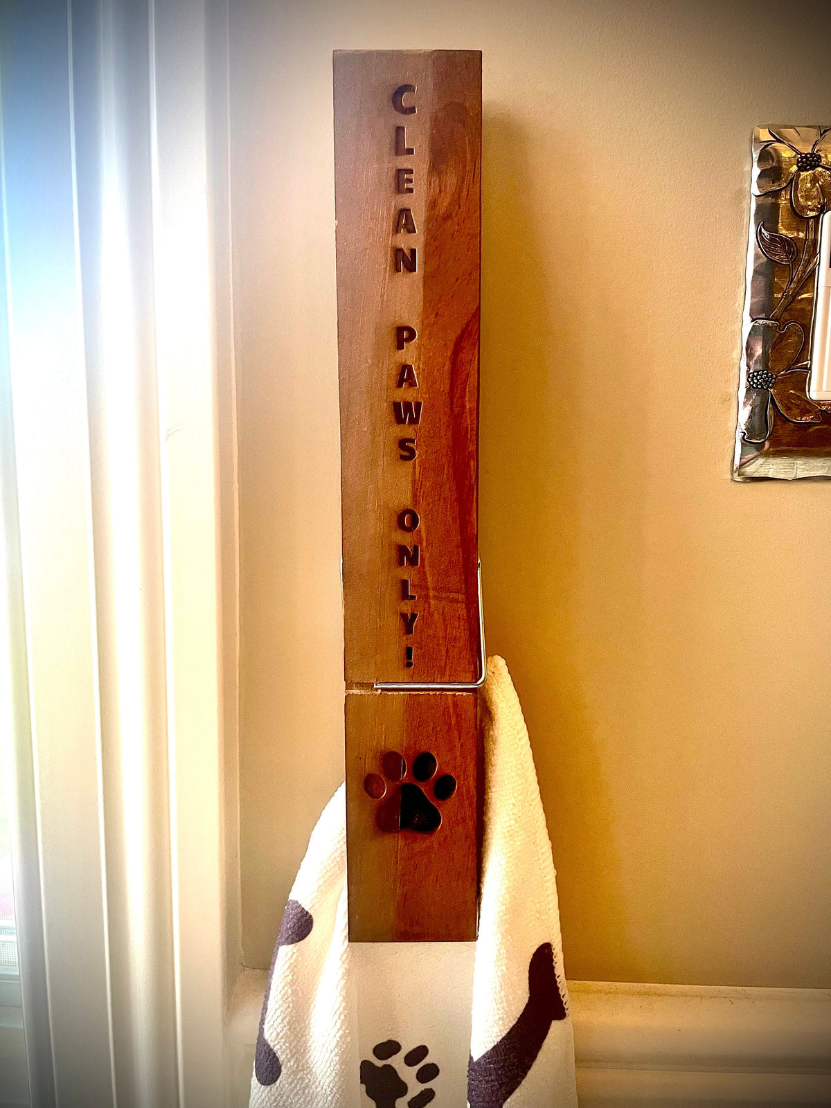 Custom Engraved Wood Dog Towel Holder | Wet & Muddy Paws | Pet Lover Gift