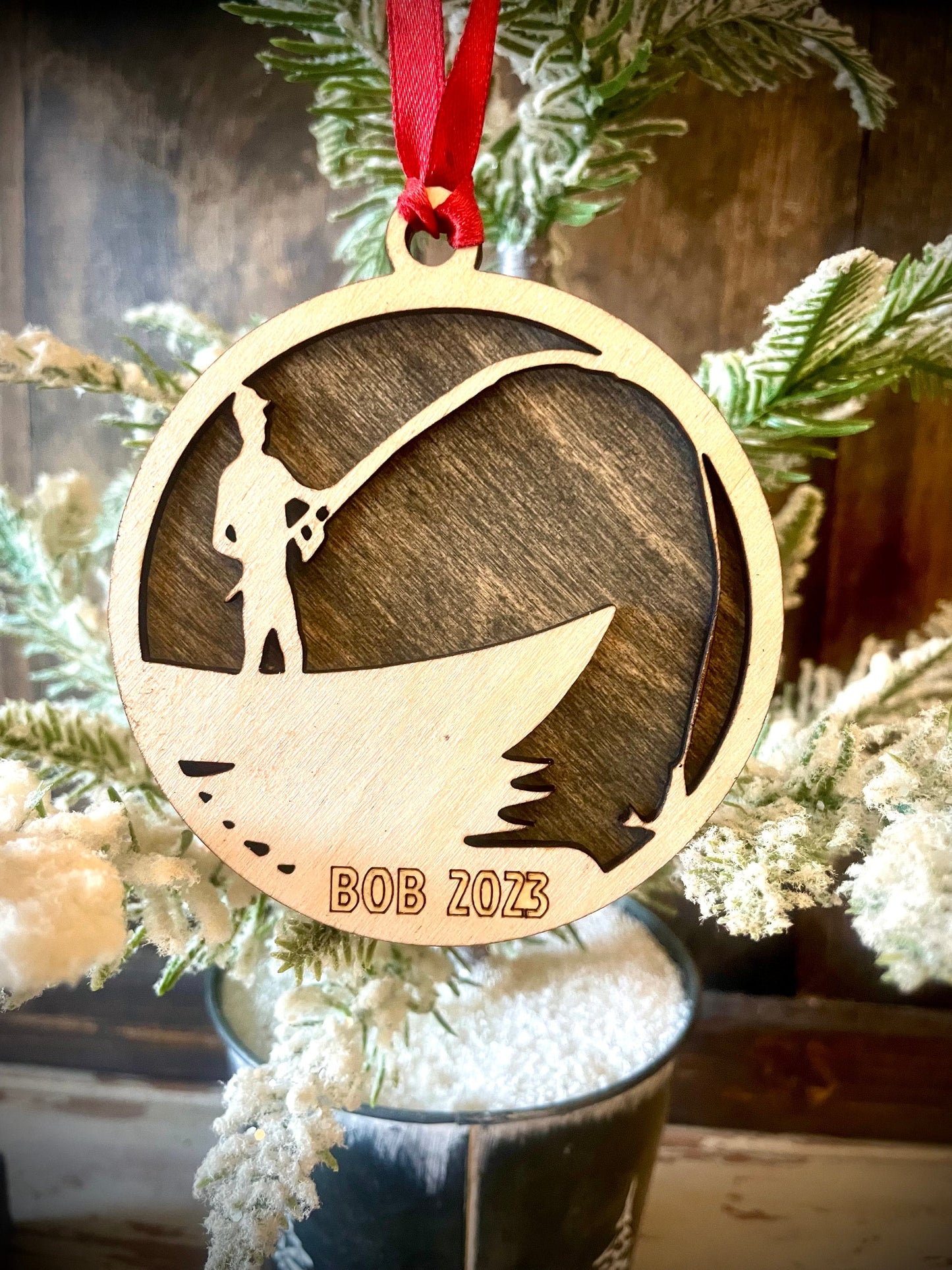 Fisherman on Boat Personalized 2-Layer Wood Christmas Ornament & Gift Tag | Multiple Finishes | Fishing Gift (#4)