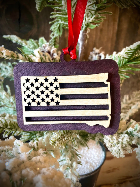 South Dakota US Flag Wood Ornament & Gift Tag | 12 Finishes | Patriotic Gift