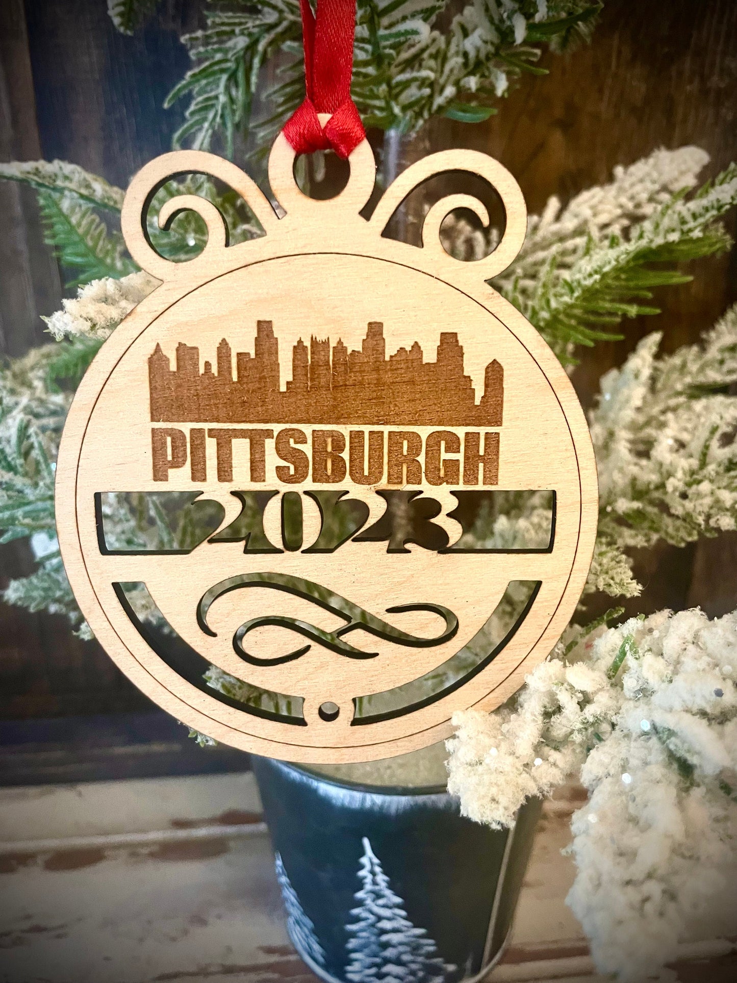Pittsburgh Skyline Wood Ornament | Choice of Year | 4" x 4.75" | Travel Souvenir Gift
