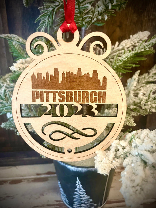 Pittsburgh Skyline Wood Ornament | Choice of Year | 4" x 4.75" | Travel Souvenir Gift