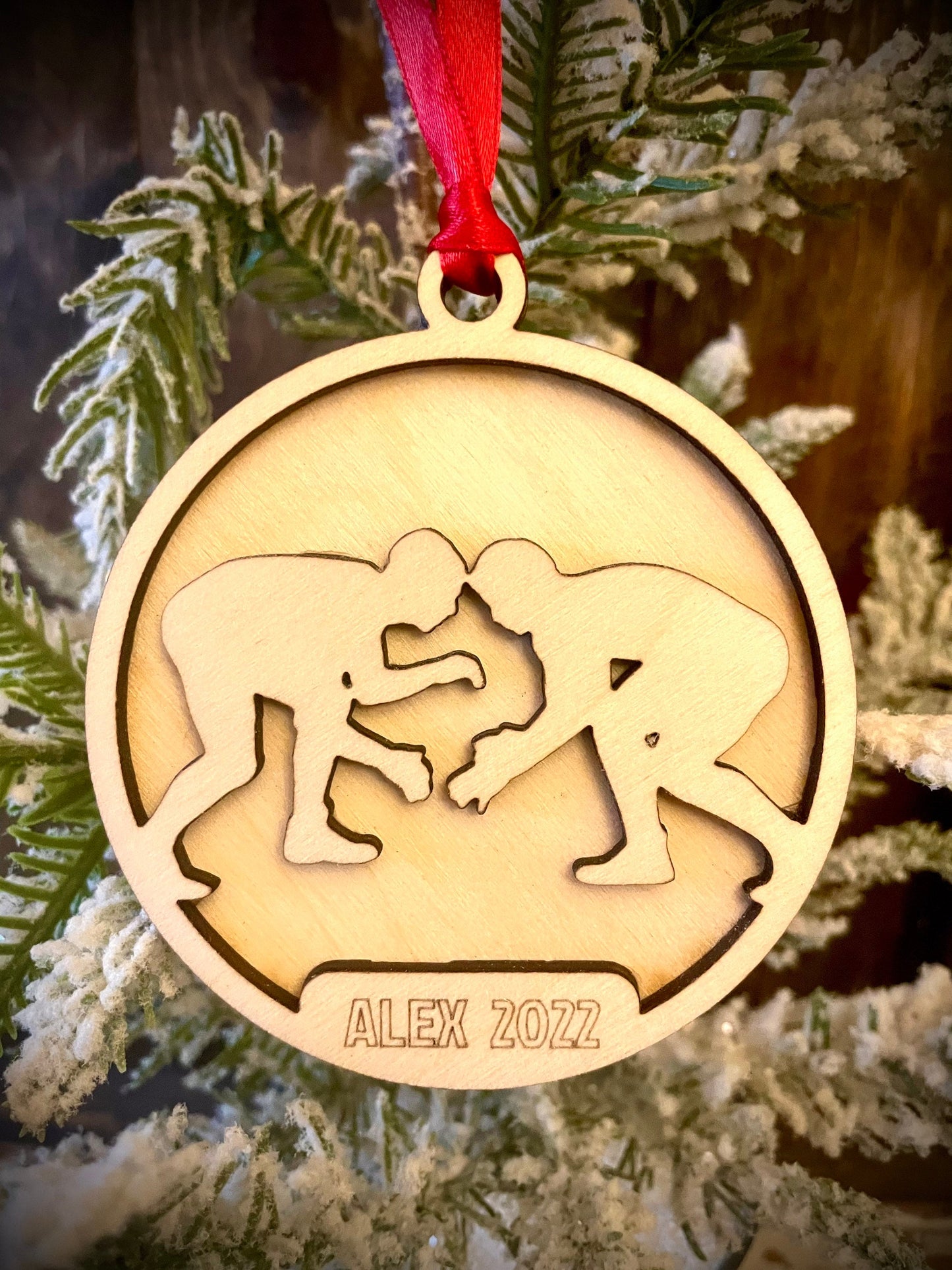 Wrestler Personalized 2-Layer Wood Christmas Ornament & Gift Tag | Multiple Finishes | Wrestling Gift (#6)