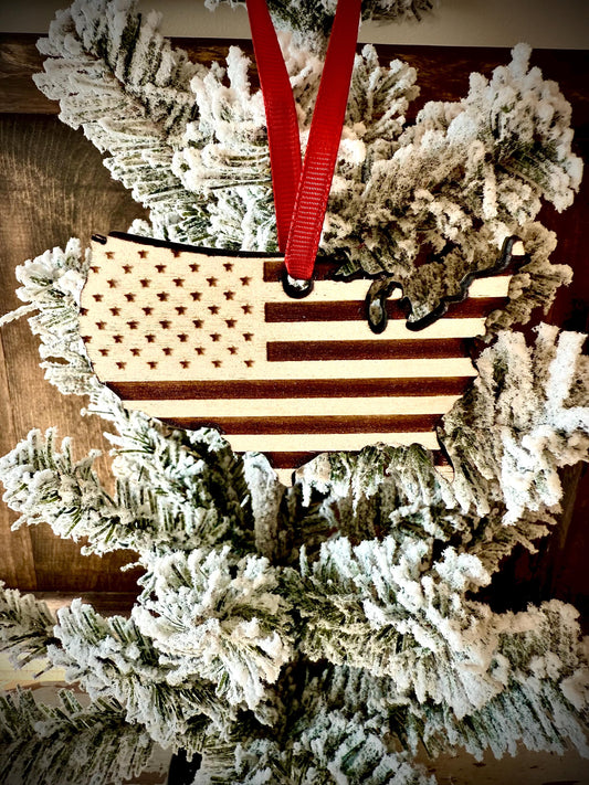 US Map with US Flag Wood Ornament | Laser Engraved & Cut | Patriotic Gift