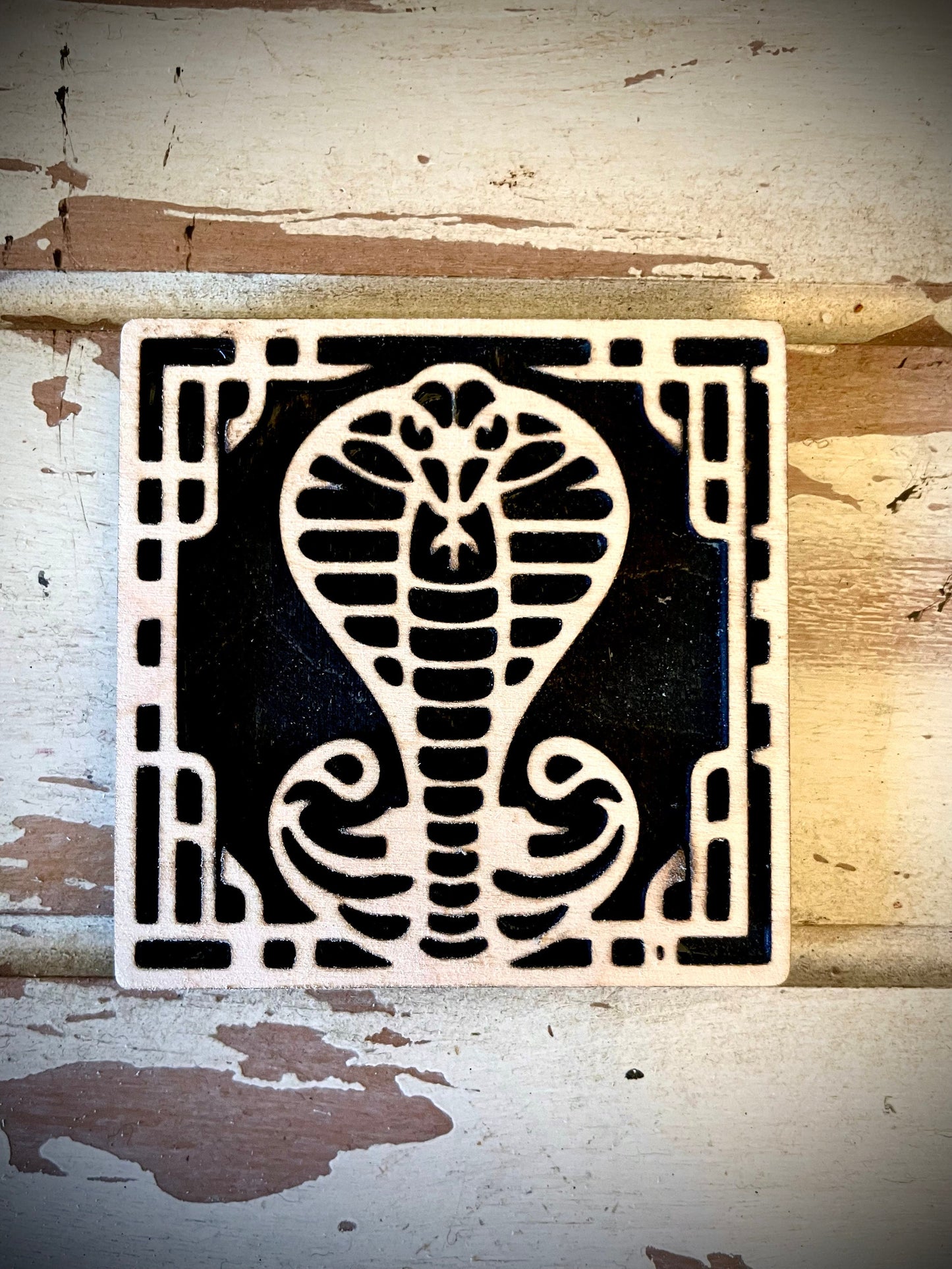 Boho Art Deco Cobra 2-Layer Square Wood Magnet | 12 Finishes | Boho Gift