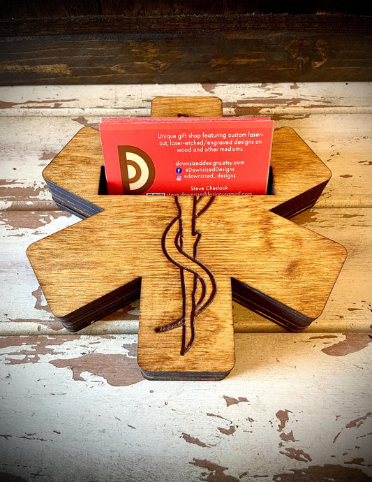 Star of Life Wood Business Card Holder | Medical Symbol | 12 Finishes