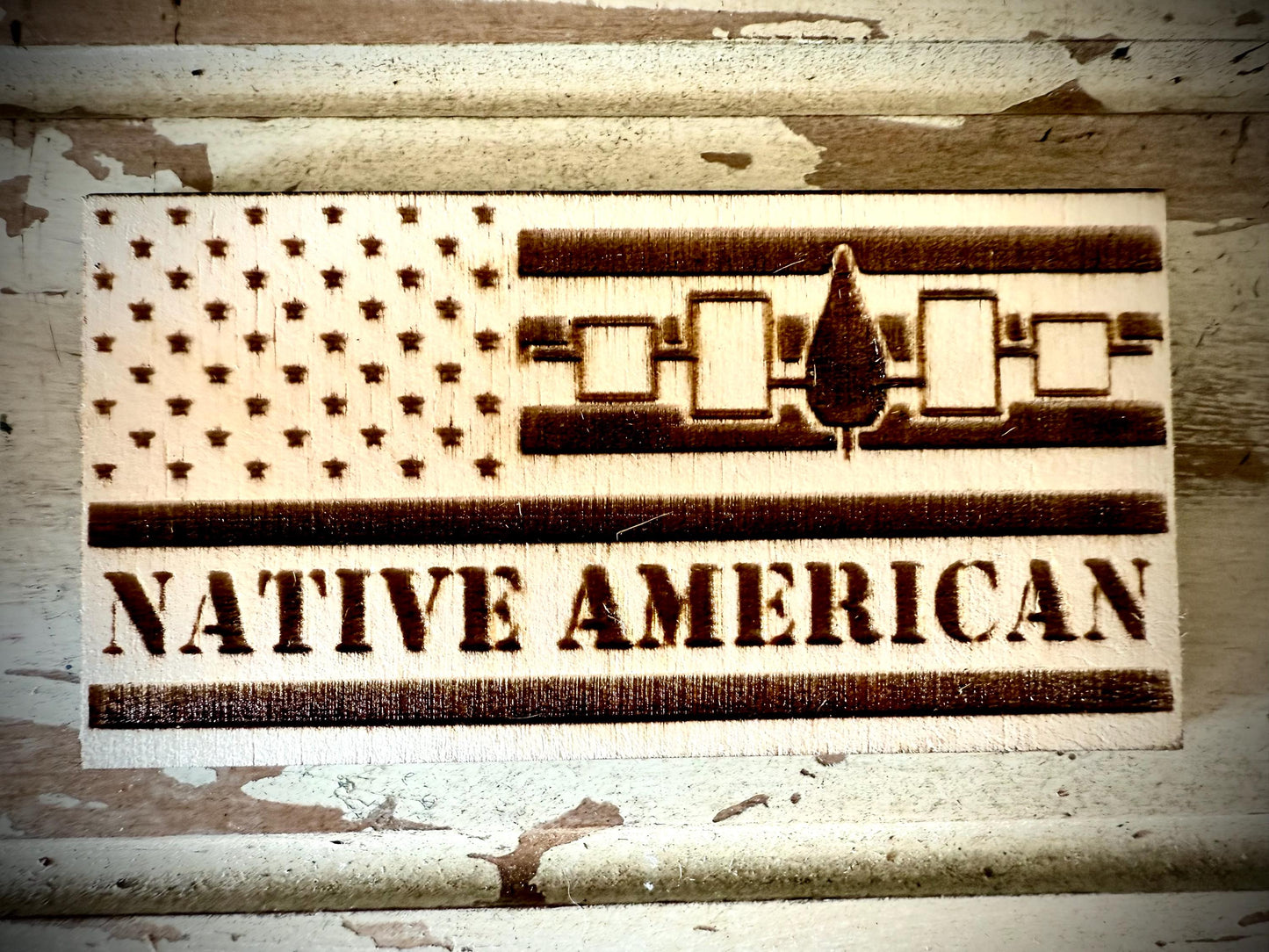 Native American Hiawatha Belt Laser Engraved US Flag Wood Refrigerator Magnet | 4" x 2.1" | Patriotic Gift