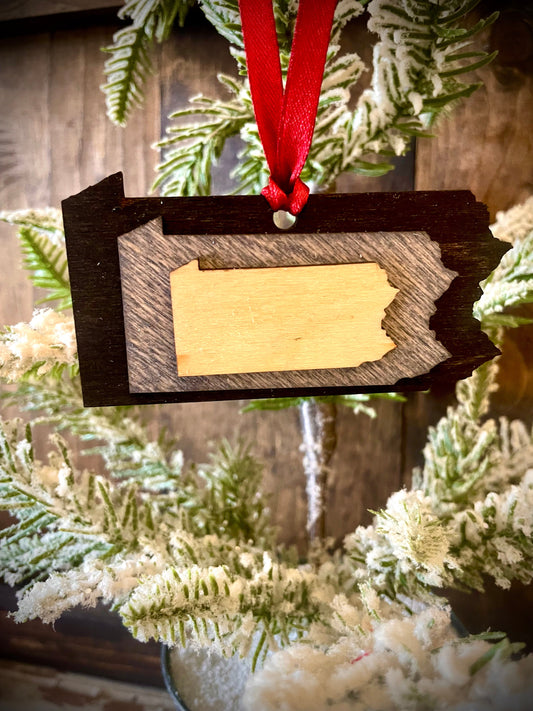 Pennsylvania 3-Layer Stacked Wood Ornament & Gift Tag | Brown & Gray Tones | State Pride Gift