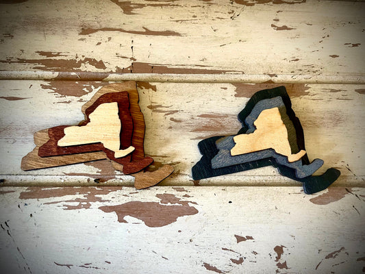 New York 3-Layer Stacked Wood Refrigerator Magnet | Brown & Gray Tones | State Pride Gift