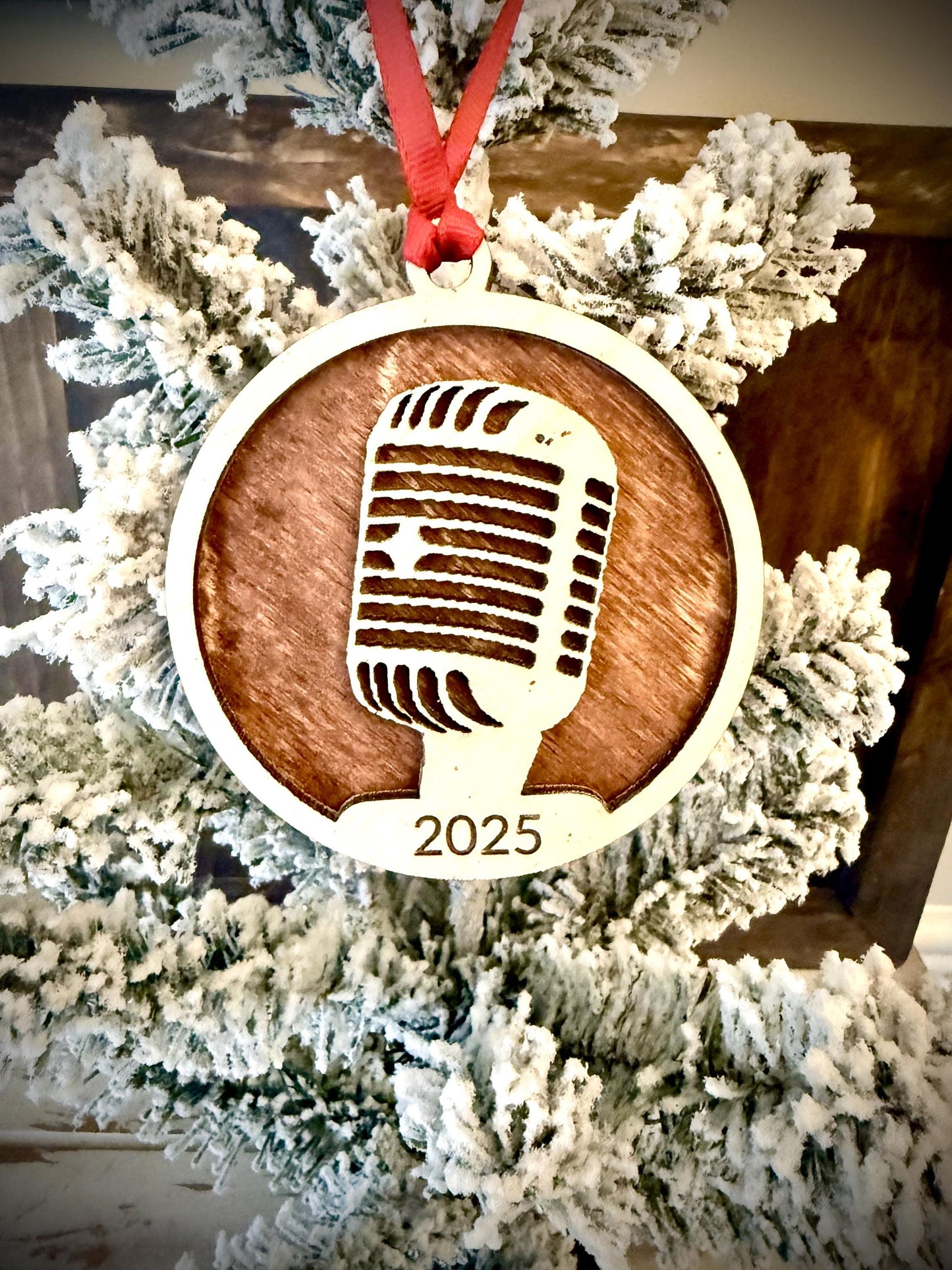 Microphone Personalized 2-Layer Wood Christmas Ornament & Gift Tag | Multiple Finishes | Music Gift