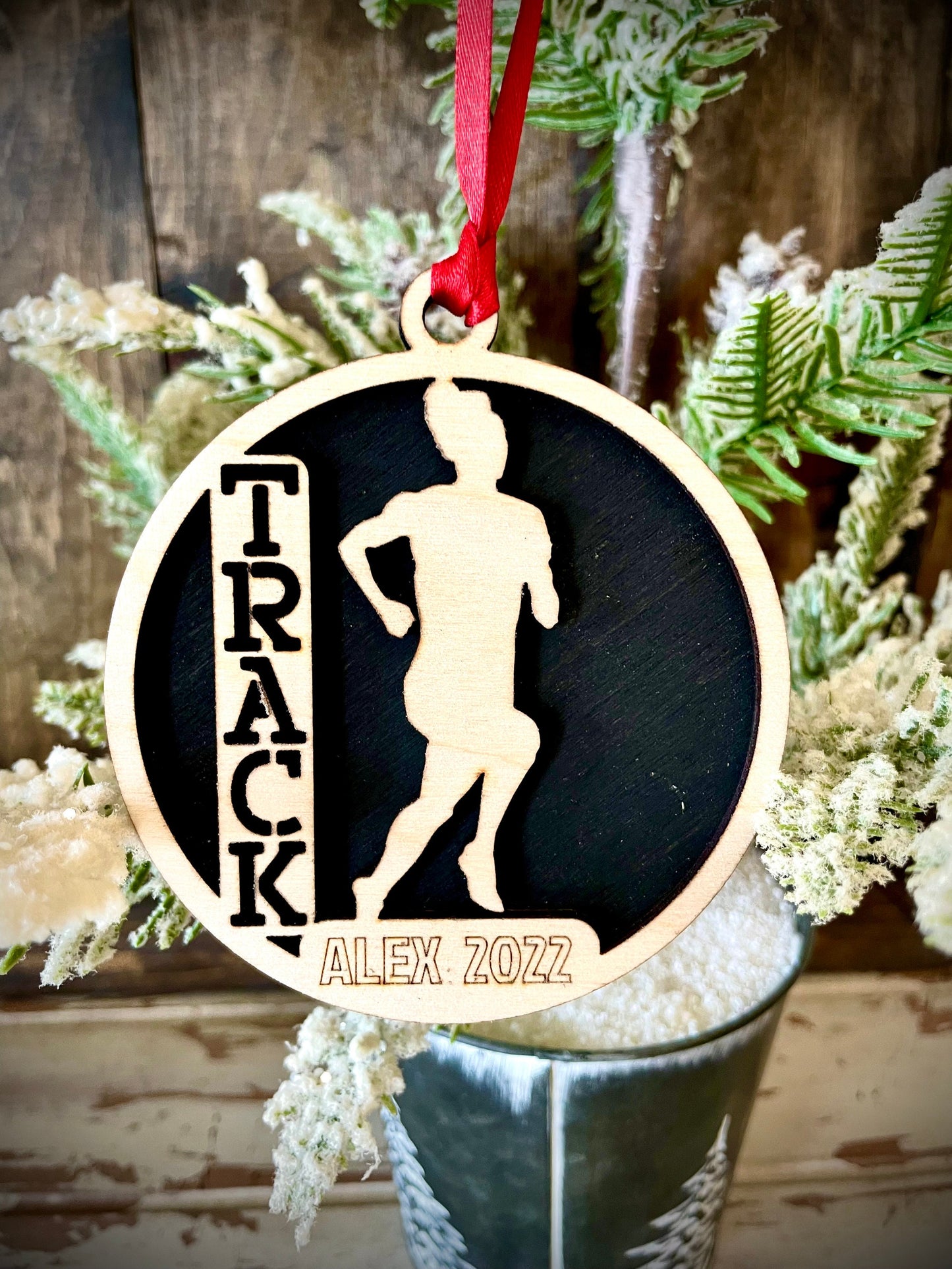 Female Track Runner Personalized 2-Layer Wood Christmas Ornament & Gift Tag | Multiple Finishes | Track Gift (#1)