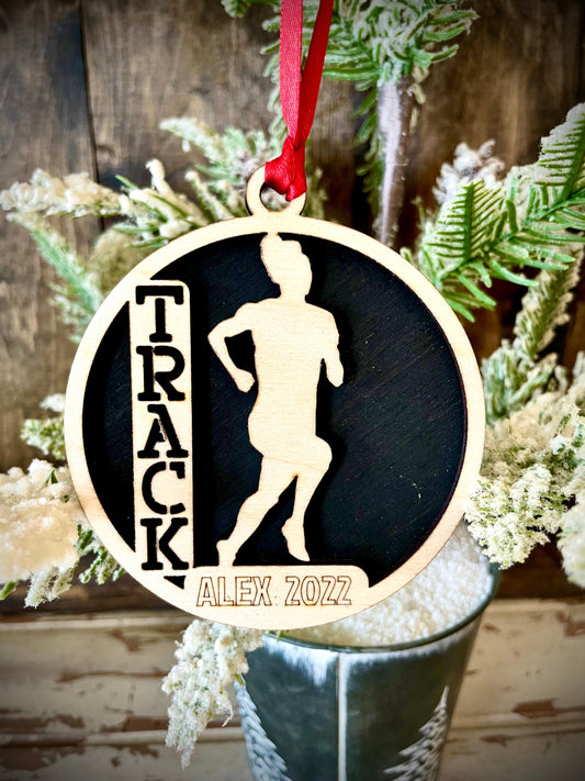 Female Track Runner Personalized 2-Layer Wood Christmas Ornament & Gift Tag | Multiple Finishes | Track Gift (#1)