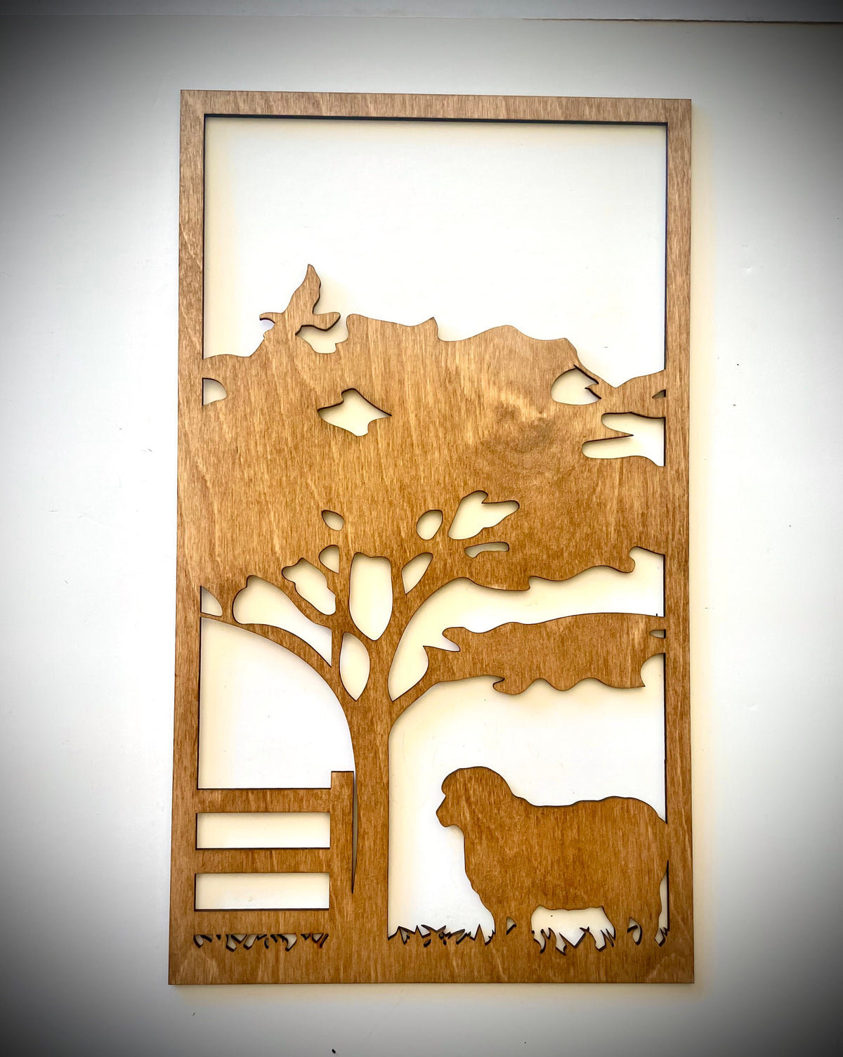 Farm Scene with Sheep & Barn 3-piece decorative wall panel set, detail view of tree and sheep panel