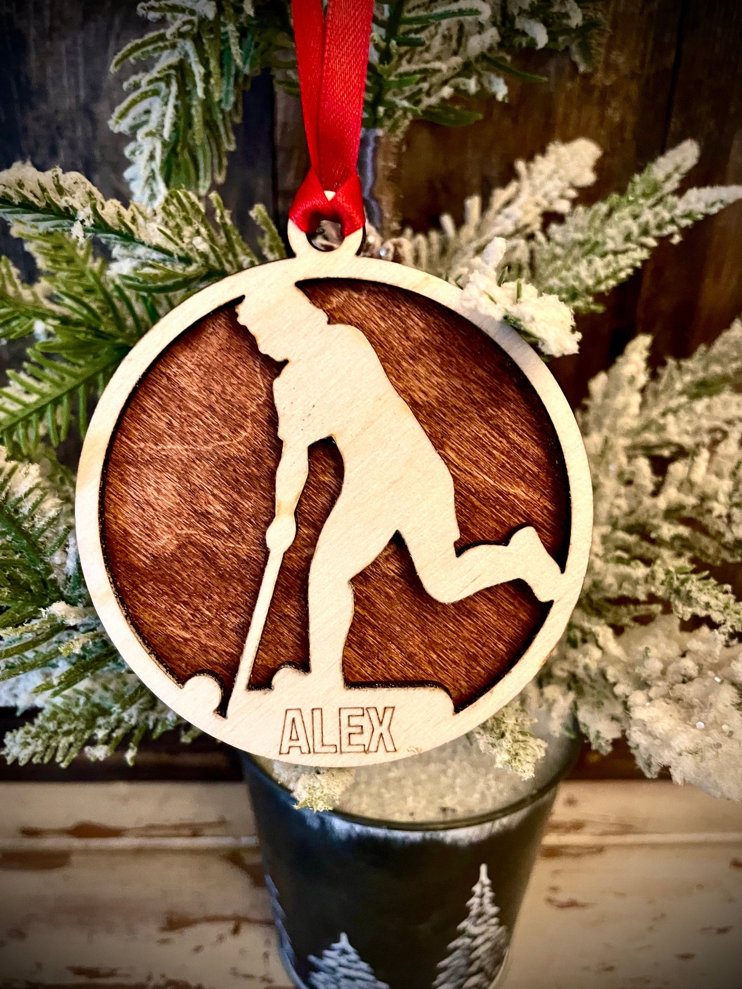 Male Field Hockey Player Personalized 2-Layer Wood Christmas Ornament & Gift Tag | Multiple Finishes | Field Hockey Gift (#4)