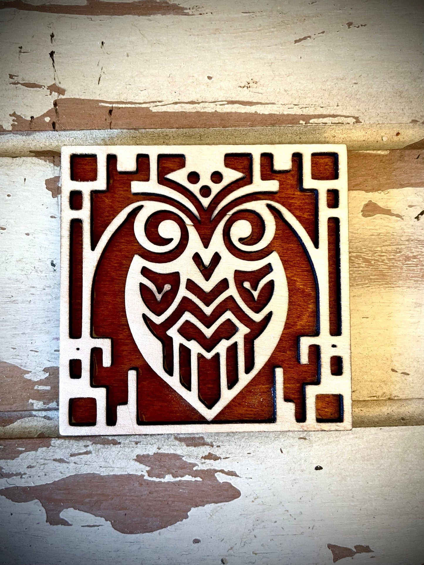 Boho Art Deco Owl 2-Layer Square Wood Magnet | 12 Finishes | Boho Gift