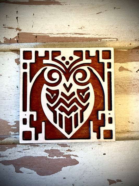 Boho Art Deco Owl 2-Layer Square Wood Magnet | 12 Finishes | Boho Gift