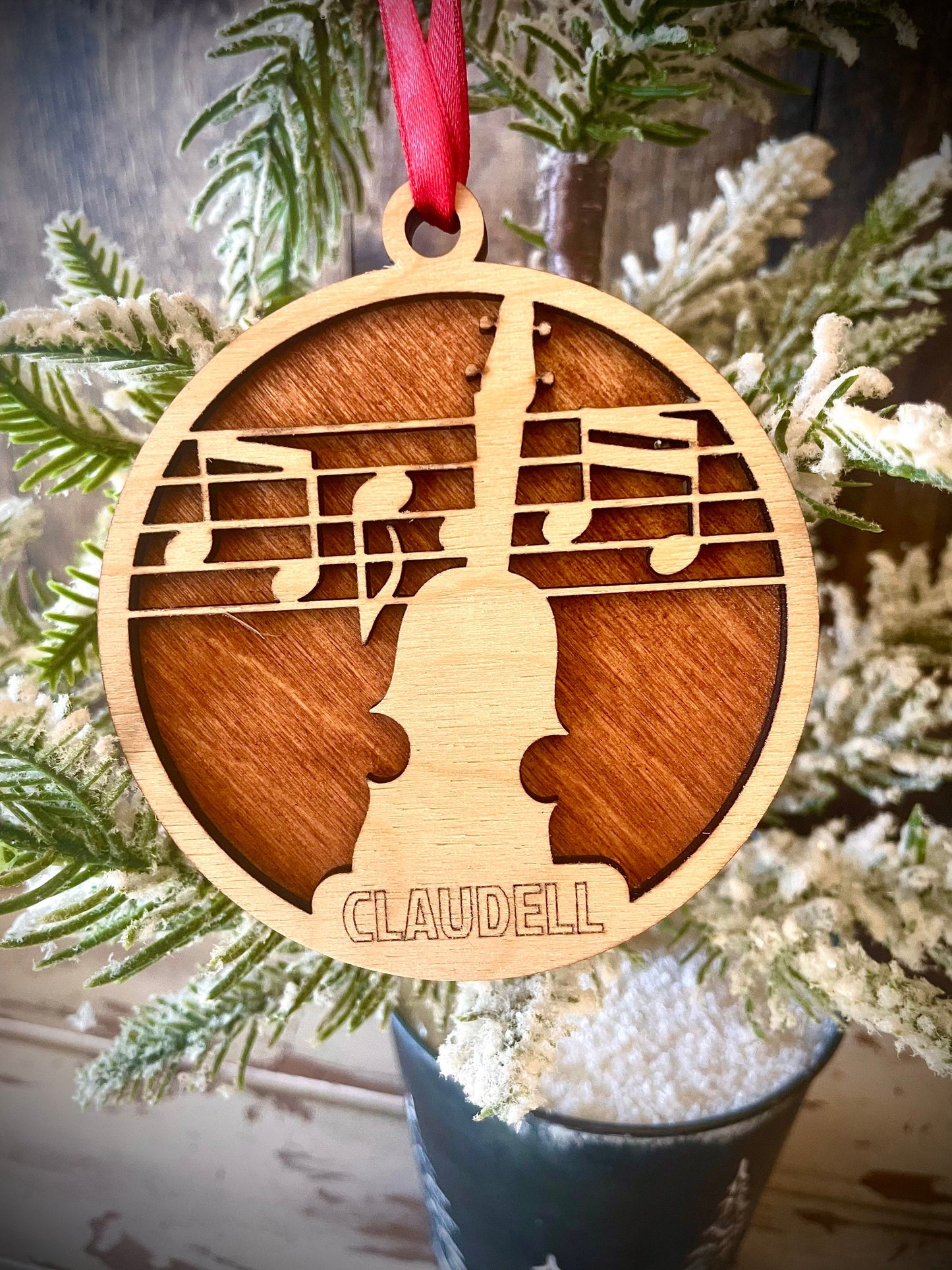 String Bass Double Bass Cello Personalized 2-Layer Wood Christmas Ornament & Gift Tag | Multiple Finishes | Music Gift