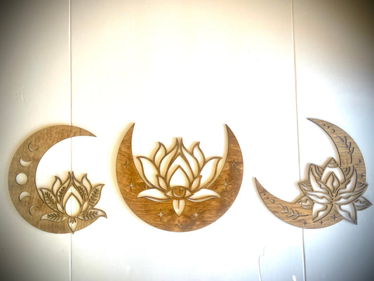 Lotus Moon Mandala Wood Wall Art | 3-Panel Set | Multiple Sizes & Finishes