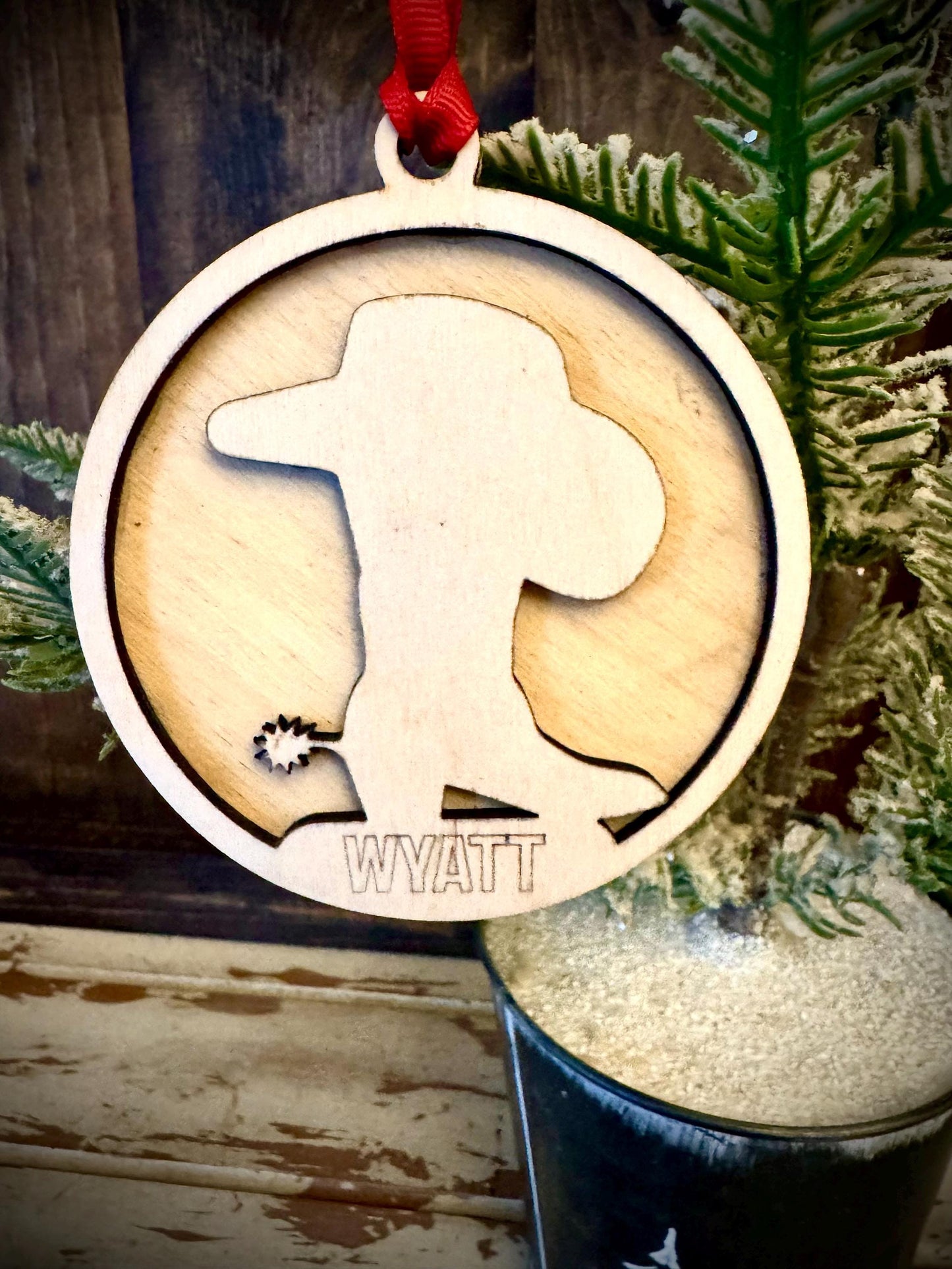 Cowboy Boots & Hat Personalized 2-Layer Wood Christmas Ornament & Gift Tag | Multiple Finishes | Western Gift