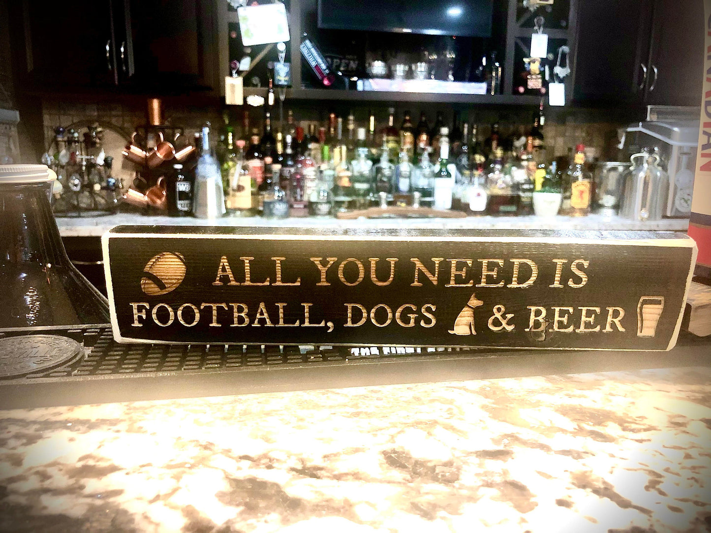 Funny Wood Football Sign | "All You Need Is Football, Dogs & Beer"