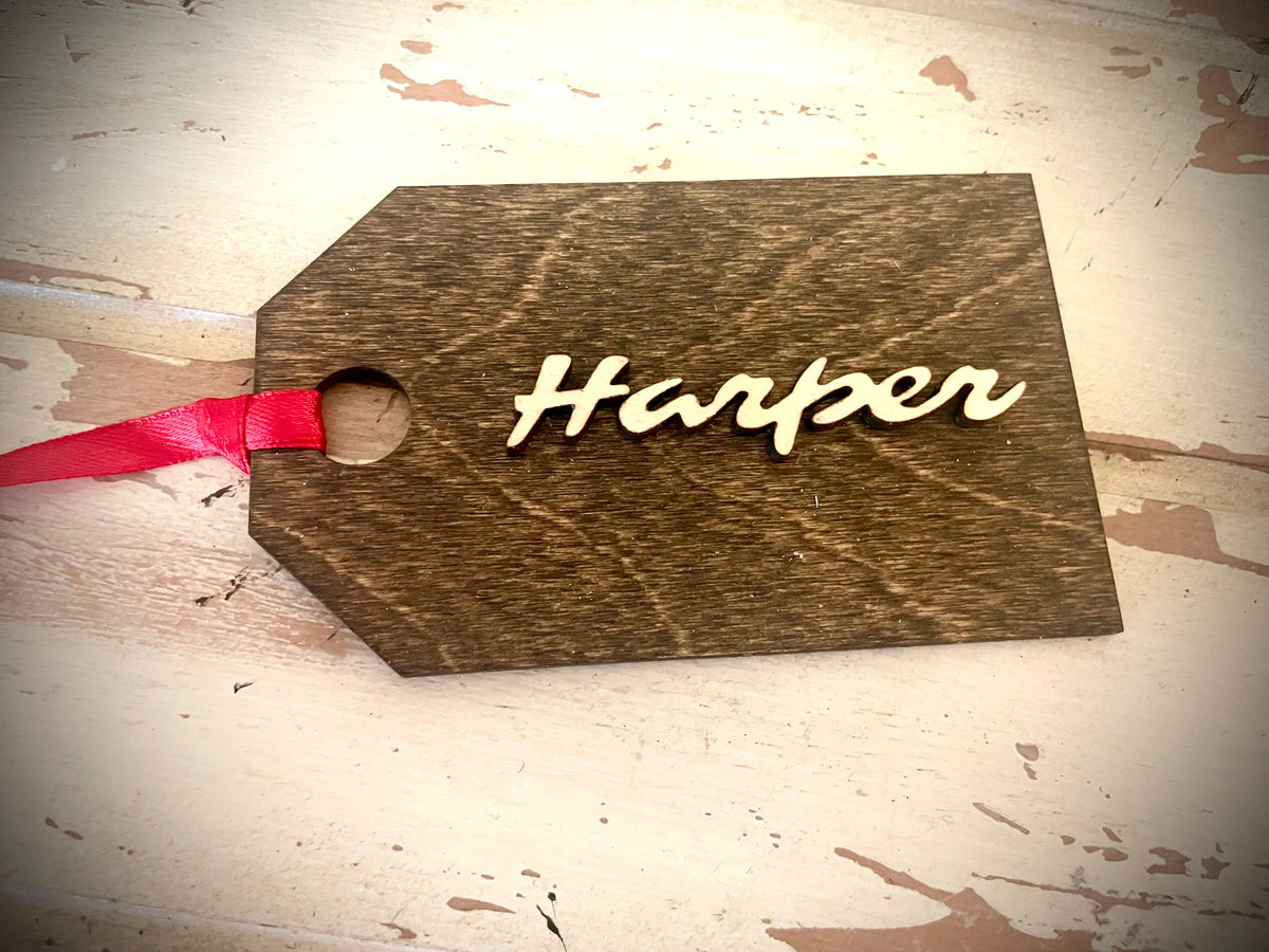 Personalized Laser Cut Wood Stocking Tag & Gift Tag Ornament | Name & Ribbon | 12 Finishes
