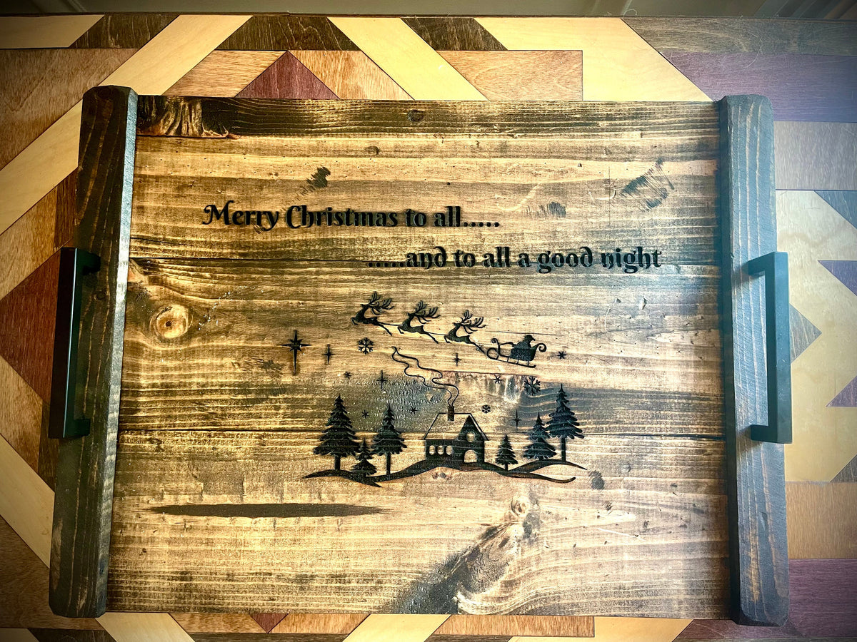 Custom Rustic Distressed Shiplap Christmas Serving Tray | Raised Edges, Handles & Optional Engraving