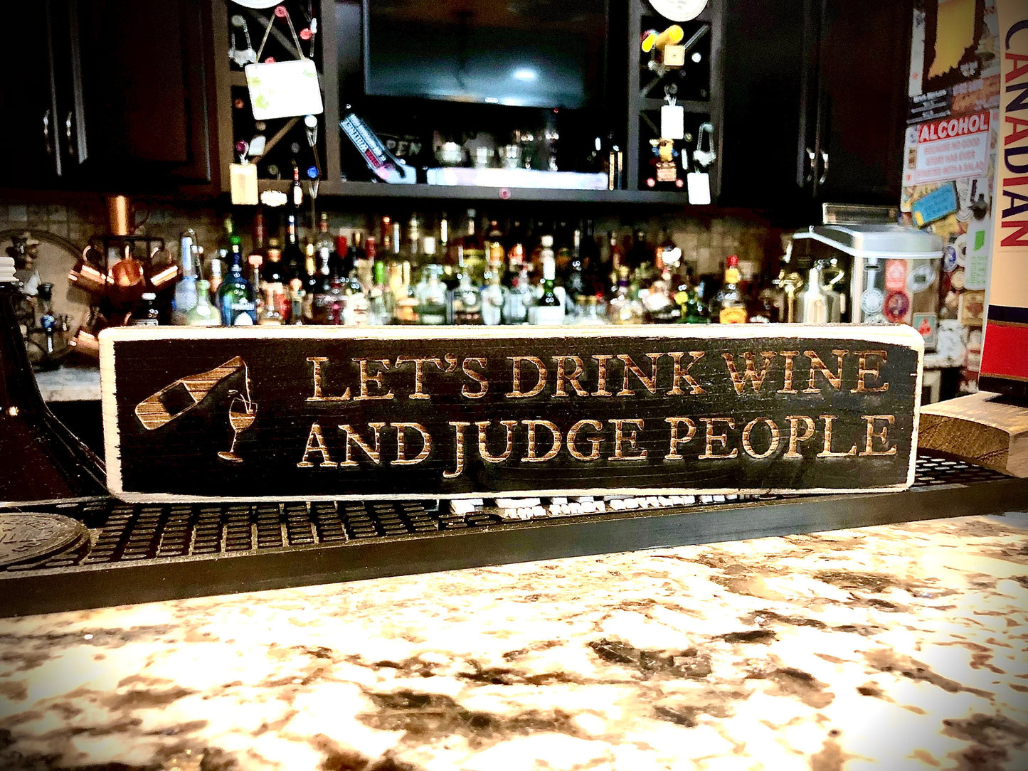 Funny Wood Bar Sign | "Let's Drink Wine and Judge People" | Wine Decor