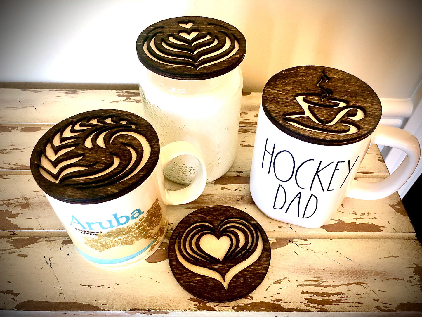 Latte Art Wood Coffee Mug & Candle Topper | Coffee Lover Kitchen Decor