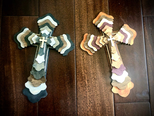 Ornate Stacked Cross 3D Wood Table & Wall Art | Multi-Color | Christian Gift