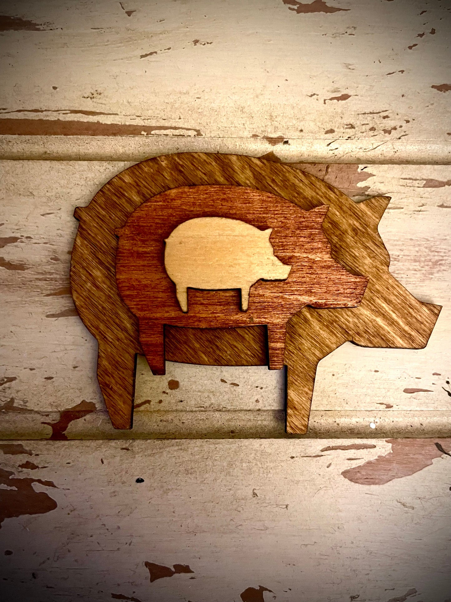 Stacked Pig 3-Layer Wood Refrigerator Magnet | Brown & Gray Tones | Home Decor Gift