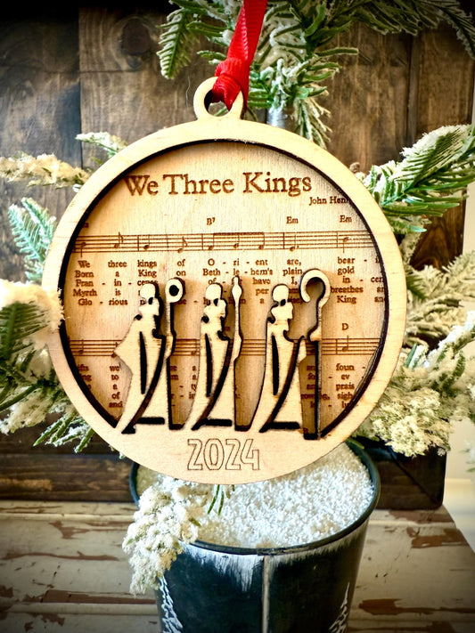 We Three Kings with Sheet Music Personalized 2-Layer Wood Christmas Ornament & Gift Tag | Religious Gift