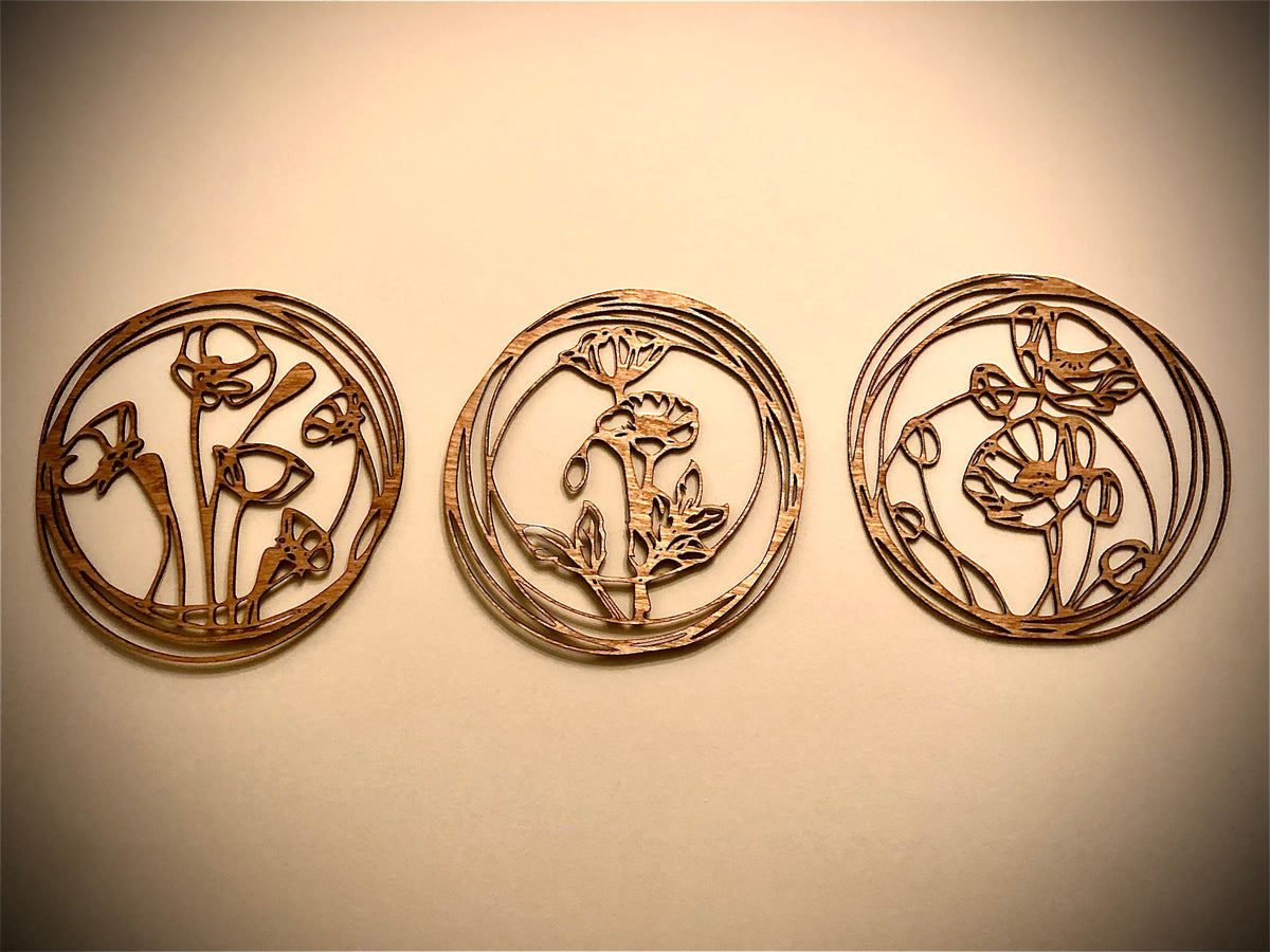 Boho Round Flower Wood Wall Art 3-Panel Set - front view