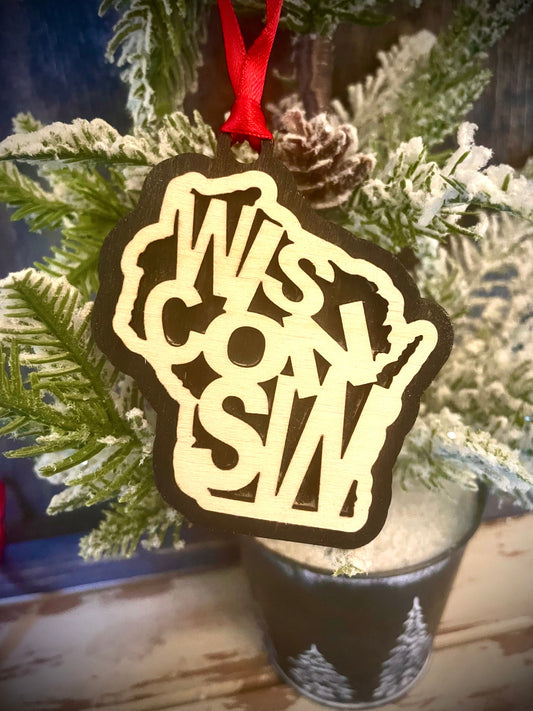 Wisconsin Word Art Wood Ornament & Gift Tag | 12 Finishes | State Pride Gift